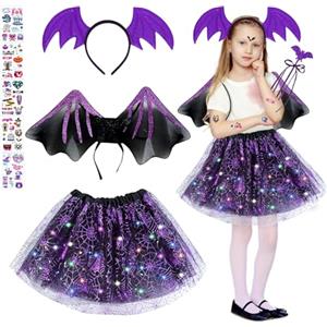 JIASHA 4 pezzi Halloween Costume Pipistrello Ragazza,Kit Pipistrello Ragazza,Costume Carnevale Pipistrello Bambina,con Cerchio per Capelli,Gonna Tutù Viola, Ali e Borsa,per Halloween Cosplay (B)