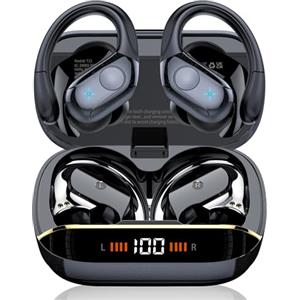 Qecnato Cuffie Bluetooth, Auricolari Bluetooth 5.4 con Stereo HiFi, 75 Ore Display LED Auricolari Wireless con ENC Mic, IP7 Impermeabili Cuffiette Wireless con Gancio, Cuffie Senza Fili Sport Running, Nero