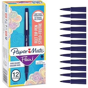 Paper Mate Papermate Flair Nylon Penna con Punta Sintetica, Punta Media da 0.7 mm, Scatola da 12, Blu Navy
