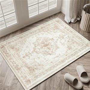 HUGEAR Vintage Tappeto Ingresso Interno Crema Tappeti 60x90cm Antiscivolo Lavabile in Lavatrice Tapette Cucina Camera da Letto Entrata Scendiletto Ufficio Pelo Corto Piccolo Carpet