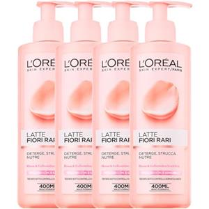 L'Oreal Paris L'Oréal Paris Skin Expert Latte Struccante Viso Fiori Rari per Pelli Secche e Sensibili Detergente e Nutriente con Rosa e Gelsomino Lenitivo Formula Leggera e Delicata - 4 Flaconi da 400ml