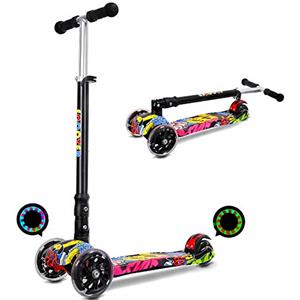 IMMEK Pieghevole Monopattino Graffiti per Bambini da 3 a 12 Anni, Ruote Luminose a LED,Regolabile Altezza 75CM-83CM,Monopattino 3 Ruote, Carico Massimo 50kg