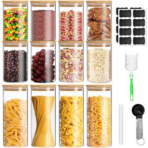 BJNN Barattoli Vetro con Coperchio,12pcs Barattolo Vetro con Coperchio Ermetici con Penna e Adesivi per Contenitori Pasta Caffè Noci Farina (12pcs)