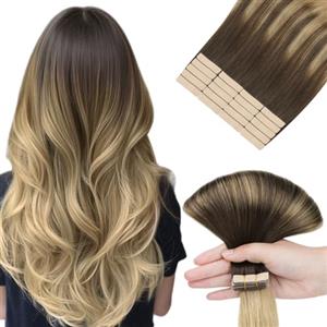 HOTBANANA Extension Capelli Veri Biadesivo, Balayage Marrone Cioccolato a Biondo Sporco Extension Biadesive Capelli Veri Lisci 35cm 20pcs Remy Tape in Hair Extensions 50g