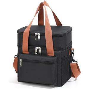 HFLZBRO Borsa Termica Grande per Pranzo, Borsa Pranzo Lavoro, con Doppio Scomparto Impermeabile e Tracolla Regolabile - Ideale per Ufficio, Picnic, Viaggi e Spiaggia (BLACK, LARGE)