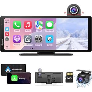 Carpuride Wireless Carplay e Android Auto con Dash Cam - Schermo touch HD da 10,26" per Auto, Telecamera Anteriore 4K e Posteriore 1080P, Registrazione in Loop, Audio Bluetooth, Mirror Link, Siri