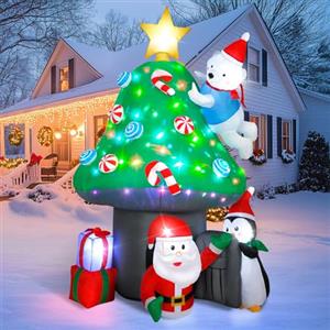 Vintoney 7FT/213 cm Babbo Natale Gonfiabile con Casa a Fungo con Luci LED Rotanti Orsetto e Pinguino Decorazione Natalizia da Esterno Impermeabile per Giardino e Cortile Pilzhaus Weihnachtsbaum