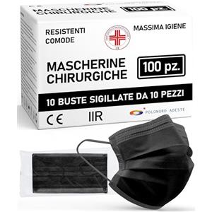 Polonord Adeste ADESTE - Mascherine Chirurgiche, Potere Filtrante 98%, Mascherina Chirurgica Filtrante Monouso di Tipo IIR a 3 Strati, Dispositivo Medico di Classe I, Confezione da 100, Colore Nero