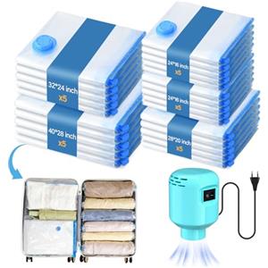 LKV Sacchetti Sottovuoto Vestiti, Buste Sottovuoto Vestiti con Pompa Elettrica, 25 Pezzi Sacchetti Sottovuoto (Bolsas de 5 Tamaños), Reutilizables per Letto, Coperte, Cuscini, Viaggi, Traslochi