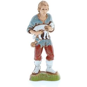 Moranduzzo Pastorello con Agnello per Presepe da Cm 10 Scala 1:20 - Altezza 8,7 cm - Statuina in Resina PVC, Indistruttibile, Stile '700, Rifinita a Mano, Scultore M. Landi