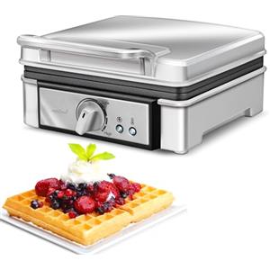 MPM MGO13 Macchina Professionale per 2 Cialde Belghe Spesso, Waffle Maker, Piastre Antiaderenti, Regolatore di Temperatura, Alloggiamento in Acciaio Inox, 1400W