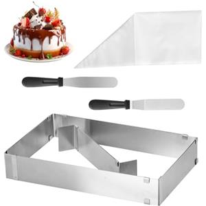 LiuHancsqd Stampo Rettangolare Torta, Stampi Coppa Pasta di Acciaio Inox, Set di Anelli per Torta Rettangolare Regolabile, Coppapasta Tortiera da Forno per Torte Dessert Mousse DIY, con 20 Sac à Poche