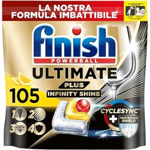 Finish Ultimate PLUS Infinity Shine Pastiglie Lavastoviglie al Limone, 105 Capsule con Scudo Protettivo contro lo Sporco e i Residui Incrostati