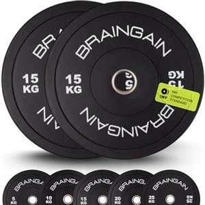 BRAINGAIN Piastra Olimpica con Bumper - Piastre da 2 per Allenamento con Bilanciere - 1,5 kg, 2,5 kg, 5 kg, 10 kg, 15 kg, 20 kg, 25 kg, 100 kg, 150 kg Coppie/Set (Nero, 2 x 15kg)