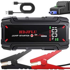 HDJFLU 6000A auto portatile jumper starter, batteria jumper starter per 8L benzina e 6L motore diesel, 10 protezione di sicurezza, 12V jumper box, USB, luce a LED, per camion, SUV, rv， nave