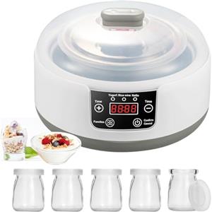 Aisny Yogurtiera, Macchina per Yogurt con Contenitore per Yogurt in Acciaio Inox e 5 Vasetti per Yogurt 220V 15W Yogurtiera Yogurt Greco Fatto in Casa per Yogurt Biologico Zuccherato o Senza Zucchero