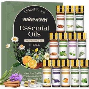 MIGCAPUT Set di Oli Essenziali per Diffusori 12 x 5ML, Olio Essenziale Naturale al 100% per Aromaterapia, SPA, Massaggi, Bagno - Tea Tree, Lavanda, Menta, Eucalipto, Bergamotto, Rosmarino, Limone