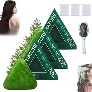 NNBWLMAEE Shampoo Solido Nature Triangle, Shampoo al Sapone Verde Nature Seven, Triangle Shampoos, 120 g di Acqua di Riso Glutinoso, Calmante e Rinforzante per Capelli, per Donna e Uomo (3pcs)