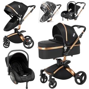 NADDLILY Pelle PU Passeggino Trio, Passeggino 3 in 1 con Sedile Regolabile Rotante 360°, Trio Passeggino Neonati con Accessori, Carrozzina Neonati con Design Portatile Pieghevole Un Clic (906 Black)
