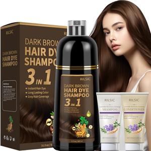RILSIC Shampoo Colorante, 500ml Hair Dye Shampoo 3 in 1 & 50ml Shampoos & 50ml Balsamo, Colorante Tinta Capelli Istantaneo, Naturale Hair Color per Donna Uomo (Castano Scuro, 600ML)