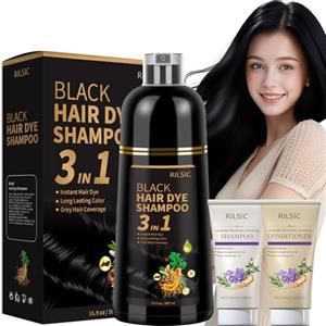 RILSIC Shampoo Colorante, 500ml Hair Dye Shampoo 3 in 1 & 50ml Shampoos & 50ml Balsamo, Colorante Tinta Capelli Istantaneo, Naturale Hair Color per Donna Uomo (Nero, 600ML)