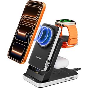 SwanScout Caricatore Wireless per iPhone, 5000mAh Power Bank Compatibile con MagSafe, 3 in 1 Stazione di Ricarica per iPhone Air/17/16/15/14/13/12, per Apple Watch/Airpods, 304M (Nessun Adattatore)
