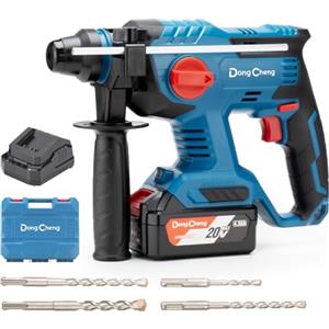 Dong Cheng DongCheng Martello Perforatore a batteria, Trapano Tassellatore a Batteria 2.1 J, Trapano a Percussione Batteria 18 V con 4 pezzi SDS-plus, Foratura fino a 28 mm, Motore senza spazzole.