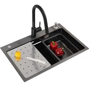 CECIPA Lavandino Cucina Nero(Antracite) con Rubinetto Allungabile, 70x45 cm, Lavello Cucina 1 Vasca con Dispenser Sapone, Lavabo Cucina con Lavello Mobile e Tagliere