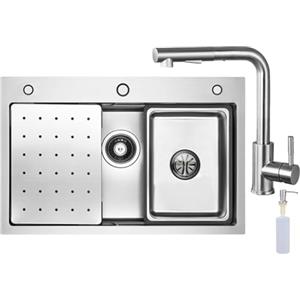 CECIPA Lavello da cucina, da 70 x 45 cm, con rubinetto estraibile X203S, in acciaio inox, incl. dispenser di sapone e sifone, lavello interno di ricambio e tagliere