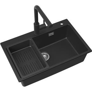 CECIPA Lavello da cucina nero con rubinetto estensibile, 70x45 cm, in granito, con scarico e troppopieno, da incasso a partire da 80 cm di larghezza, lavello da cucina con lavabo