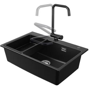 CECIPA Lavello da cucina nero con rubinetto pieghevole a 180°, 70x45 cm, in granito, con scarico e troppopieno, da incasso a partire da 80 cm di larghezza, lavello da cucina con lavabo grande