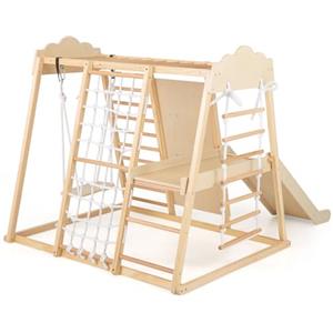 RELAX4LIFE 8 in 1 Set da Arrampicata per Bambini, Parco Giochi in Legno con Scivolo, Altalena, Sbarre e Scala in Corda, Giochi Montessori Educativi per Bambini 3+ Anni (Naturale)
