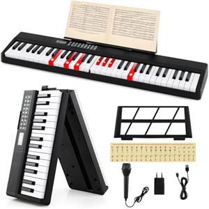 RELAX4LIFE Pianoforte Digitale Pieghevole a 61 Tasti Semi-pesati, Tastiera Elettronica Illuminata con 2 Altoparlanti, 3 Modalità Didattiche, 200 Toni, 200 Ritmi, 80 Demo, Leggio, Microfono e USB/MIDI