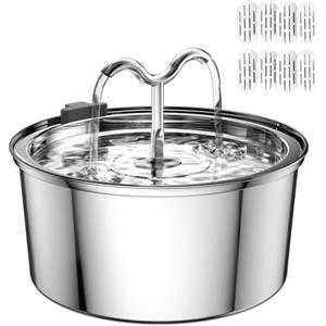 DOOOB Fontanella per Gatti, 3.2L Fontana per Gatti, Automatico Fontanella Gatto Acciaio con Pompa Ultra Silenziosa, Fontana per gatti acciaio inox con 8 Filtris e 8 Spugnes