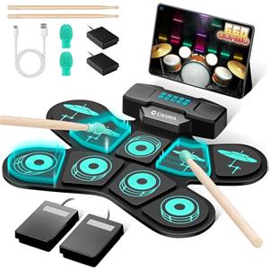 CAHAYA Set Batteria Elettronica Portatile: Tamburo Elettronico Portatili con 9 Pad Altoparlanti Incorporati Bacchette per Batteria Pedal Regalo per Principianti