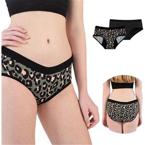 HEMSLEY Mutande Mestruali Ragazza - Slip Mestruali Ragazza - Mutandine Mestruale Anti-Perdita e Traspiranti - Mutandine 2 Pack (IT, età, 11 Anni, 12 Anni, Regular, Nero e Leopardato)