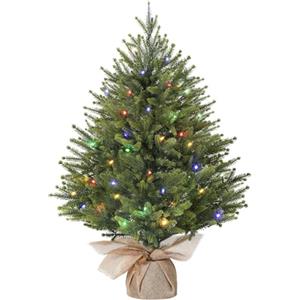 Alupssuc 2FT Pre-illuminato Mini Albero di Natale Artificiale, Rami in PE con Base in Sacco di Iuta, Luci LED Colorate, 12 Modalità di Luce, Perfetto per Decorazioni Natalizie, Casa, Cucina-Verde