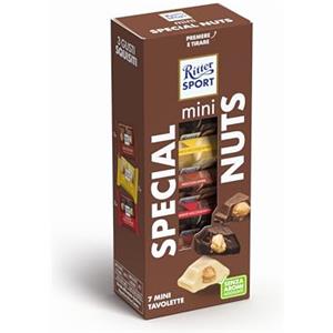 RITTER SPORT Mini Tower Special Nuts, Mix Cioccolatini, 3 Gusti, Cioccolato al Latte Extra Con Nocciole, Cioccolato Fondente Con Nocciole, Cioccolato Bianco Con Nocciole, 7 Pezzi, 116g