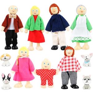 Jognee Set di 11 bambole in legno per casa delle bambole, famiglia di bambole per gatti e cani, bambole per casa delle bambole, accessori per la casa delle bambole in legno, per la casa delle bambole