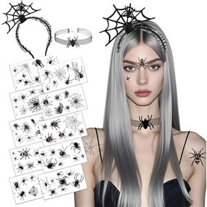 ASFWAGQ Carnevale fascia per capelli ragno collana ragno capelli gioielli donna con 10 fogli tatuaggi ragno accessori per Halloween per carnevale Halloween festa bambini donne trucco costume carnevale