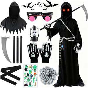 TOYTOPIE Costume Halloween Bambino, Vestito Mietitore Pauroso con Falce, Occhiali Luminosi e Guanti Scheletro, per Ragazzi e Ragazze (5-10 Anni), Ideale per Halloween Feste e Spettacoli Teatrali