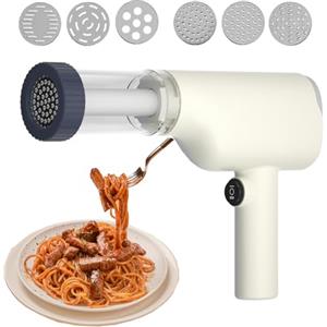 HAMON Macchina per Pasta Elettrica, 1500mAh Macchina per la Pasta Elettrica Portatile con 6 Stampi, 40W Ricaricabile Macchina per la Pasta Fresca per Fare Spaghetti (Bianco)