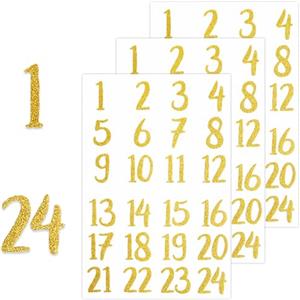 LXONTSG Numeri Adesivi Calendario, 3 Fogli Autoadesivo Sticker Numeri, Numeri Sticker Oro, Glitterati Adesivi con Numeri 1-24, per Decorativi Calendario Avvento, Fai da Te Scrapbooking