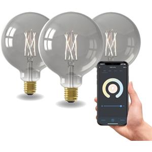 CALEX Lampadina LED Smart, E27, G125, Filamento Titanium, luce calda, Dimmerabile, controllo app Wi-Fi & vocale, Confezione da 3