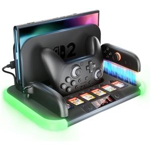HEYSTOP Switch 2 Station con Dock di Ricarica Joycon per Ricaricare il Controller Nintendo Switch 2 Pro, Kit di Accessori per Riporre Switch 2 con Dock TV e 6 Alloggiamenti per Schede di Gioco