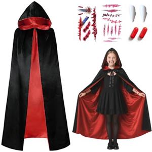 O-Kinee Mantello Vampiro Halloween,160CM Mantellina Vampiro Reversibile Rossa e Nera,Bambini Adulti Uomo Donna Capo con Cappuccio, Tatuaggi Temporanei, Protesi Dentarie, Capsule di Sangue