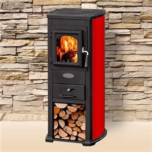 GrecoShop Stufa a legna/Termocamino in acciaio e ghisa 7/8 kW - Mod. Long Hold Fire Bordeaux (Cod. 5562)