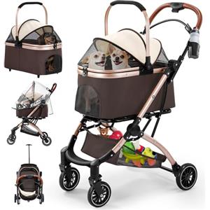 Gimars Passeggino Pieghevole per Cani Gatti 4 in 1 fino a 20 kg, Passeggino Cane con Trasportino Staccabile Cestello, Ruote Anteriori 360°, Parapioggia Freni Portabicchieri Cestino Portaoggetti, Cachi