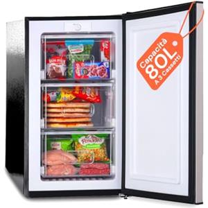 Avilia - Congelatore a Cassetti 80L con 3 Scomparti Estraibili e Porta Silver Elegante, Struttura Compatta da 47x44,5x83,5 cm, Facile da Posizionare e Perfetto come Congelatore Verticale