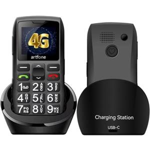 artfone C1+4G Telefono Cellulare per Anziani con Tasti Grandi丨Funzione SOS丨Chiamata Rapida丨Base di Ricarica丨Funzione di orario丨Batteria da 1800 mAh丨LTE Cellulare per anziani丨Radio丨USB - C - Nero